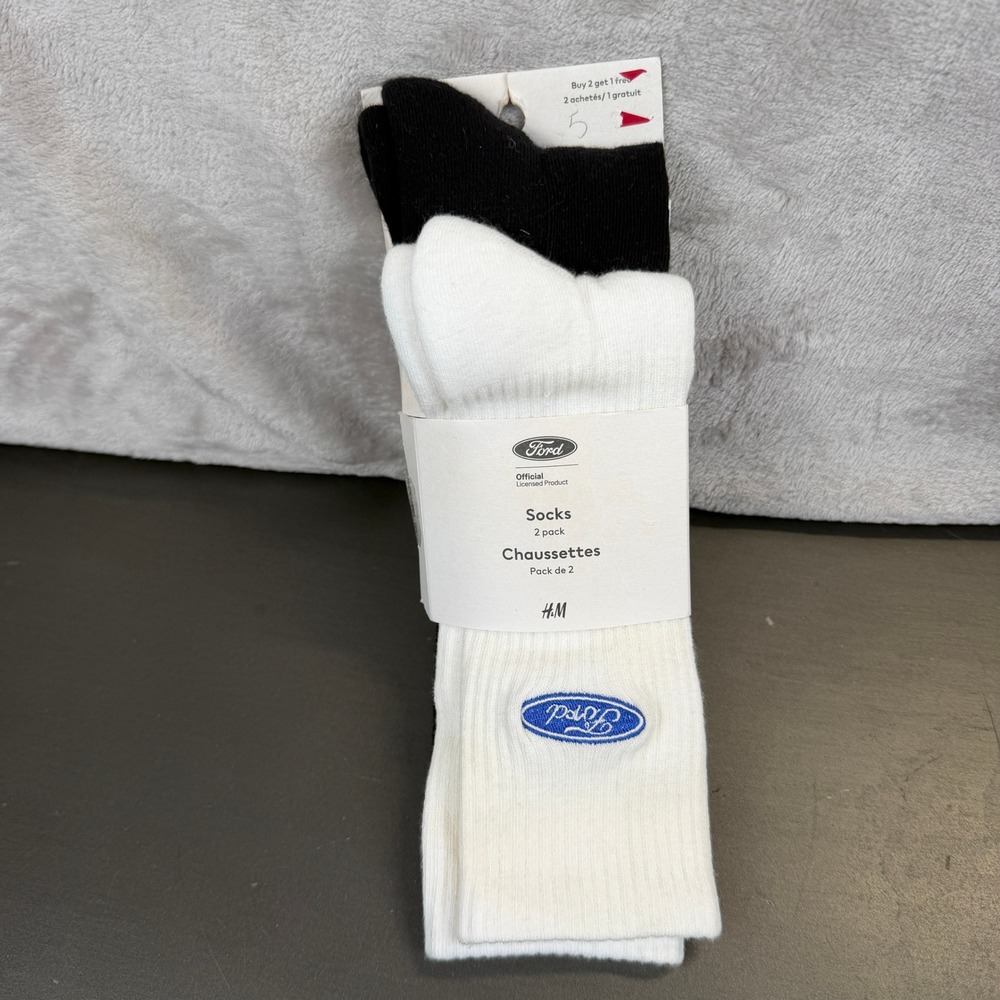 HM Ford Official Licensed Crew Socks 2 Pack Black White Logo Mens 7.5-9